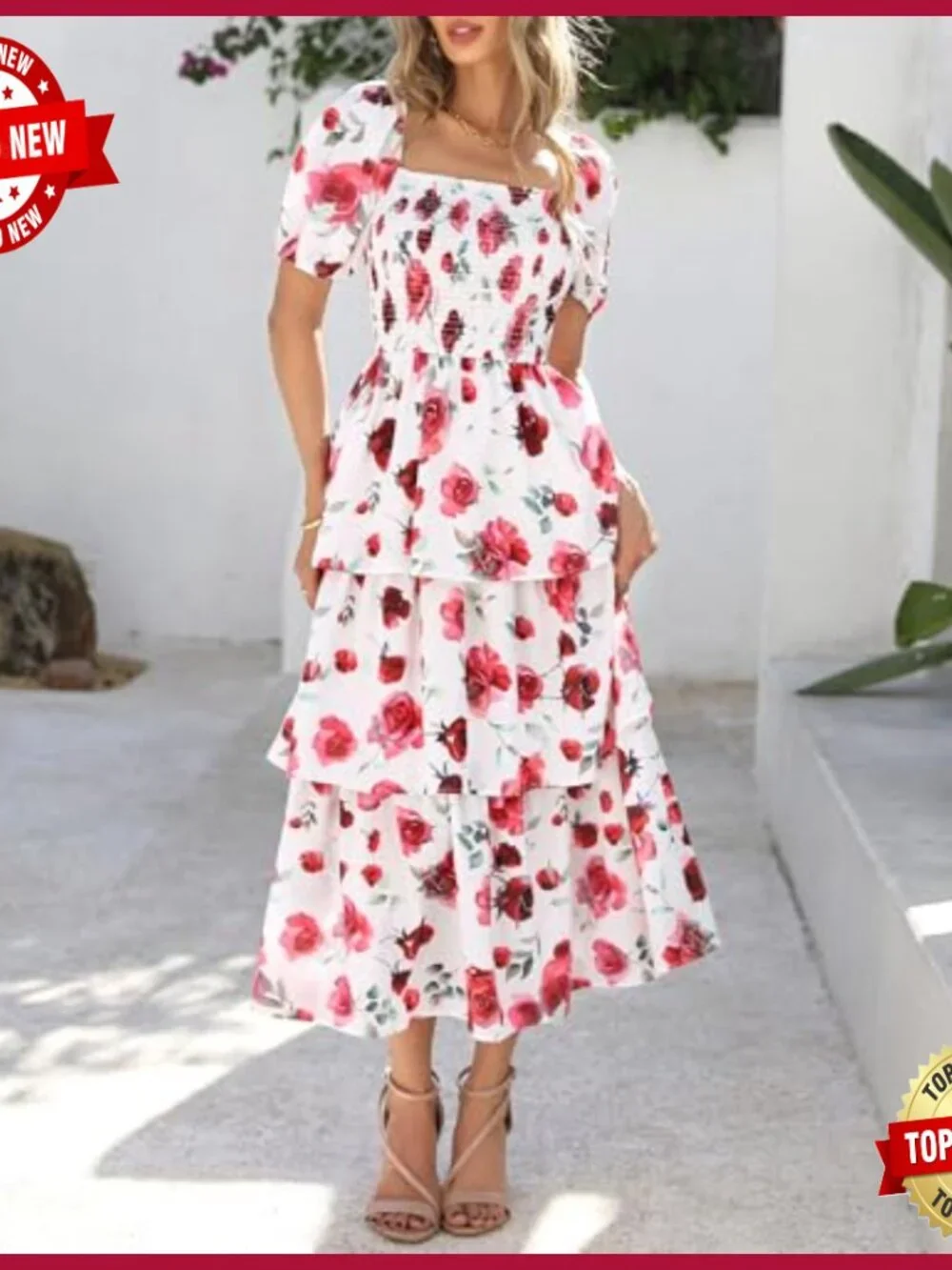 Women's Floral Maxi Dress Puff Sleeve Square Neck Smocked Tiered Boho - Picture 2 of 7